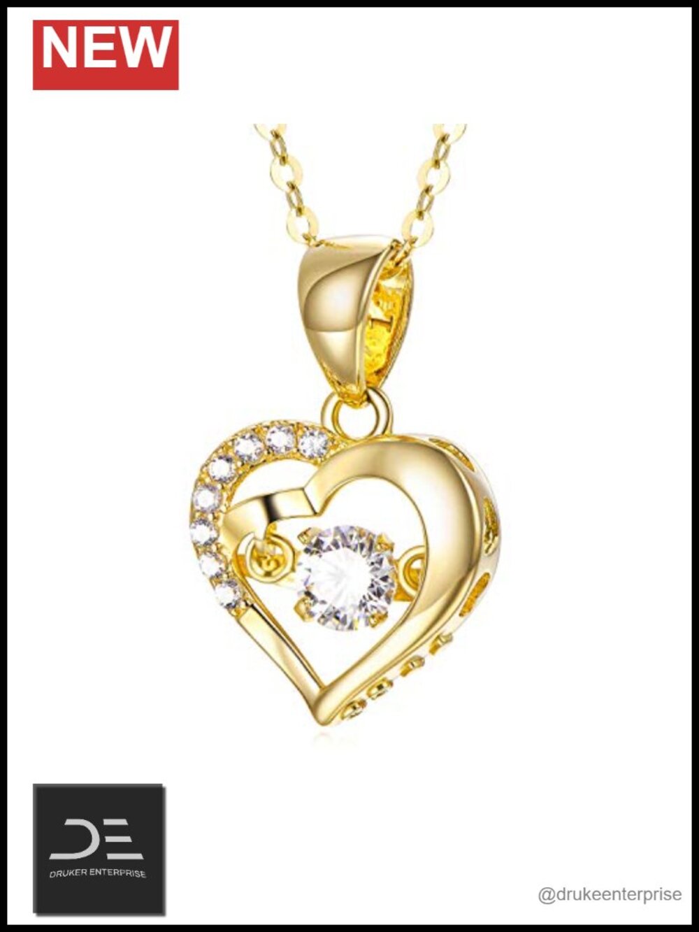 18K Solid Gold Heart Necklace with Dancing Moissanite Pendant, 18" Chain, Gift